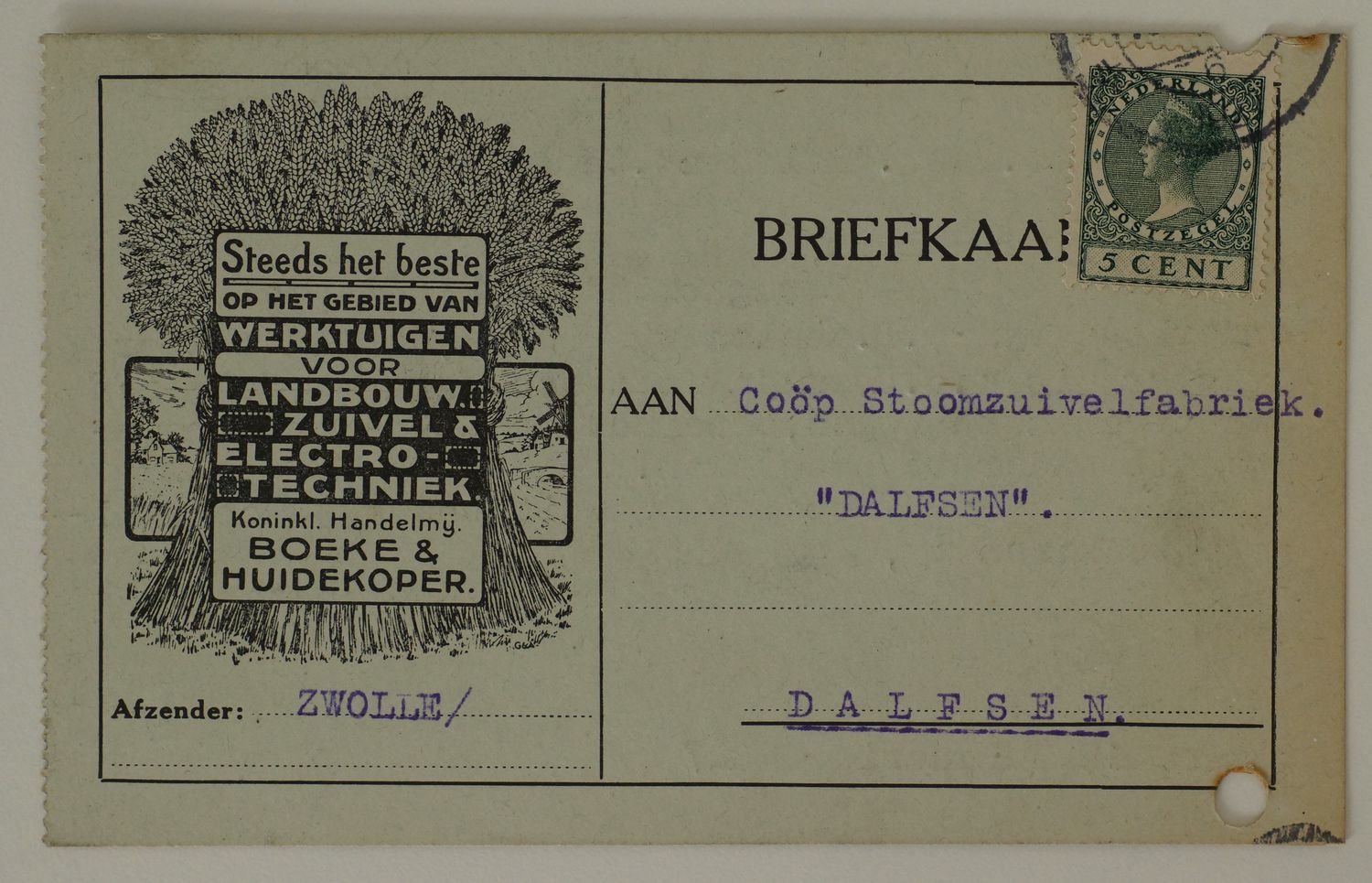 Briefkaart Fa. BOEKE EN HUIDEKOPER naar Dalfsen, matig stempel Zwolle