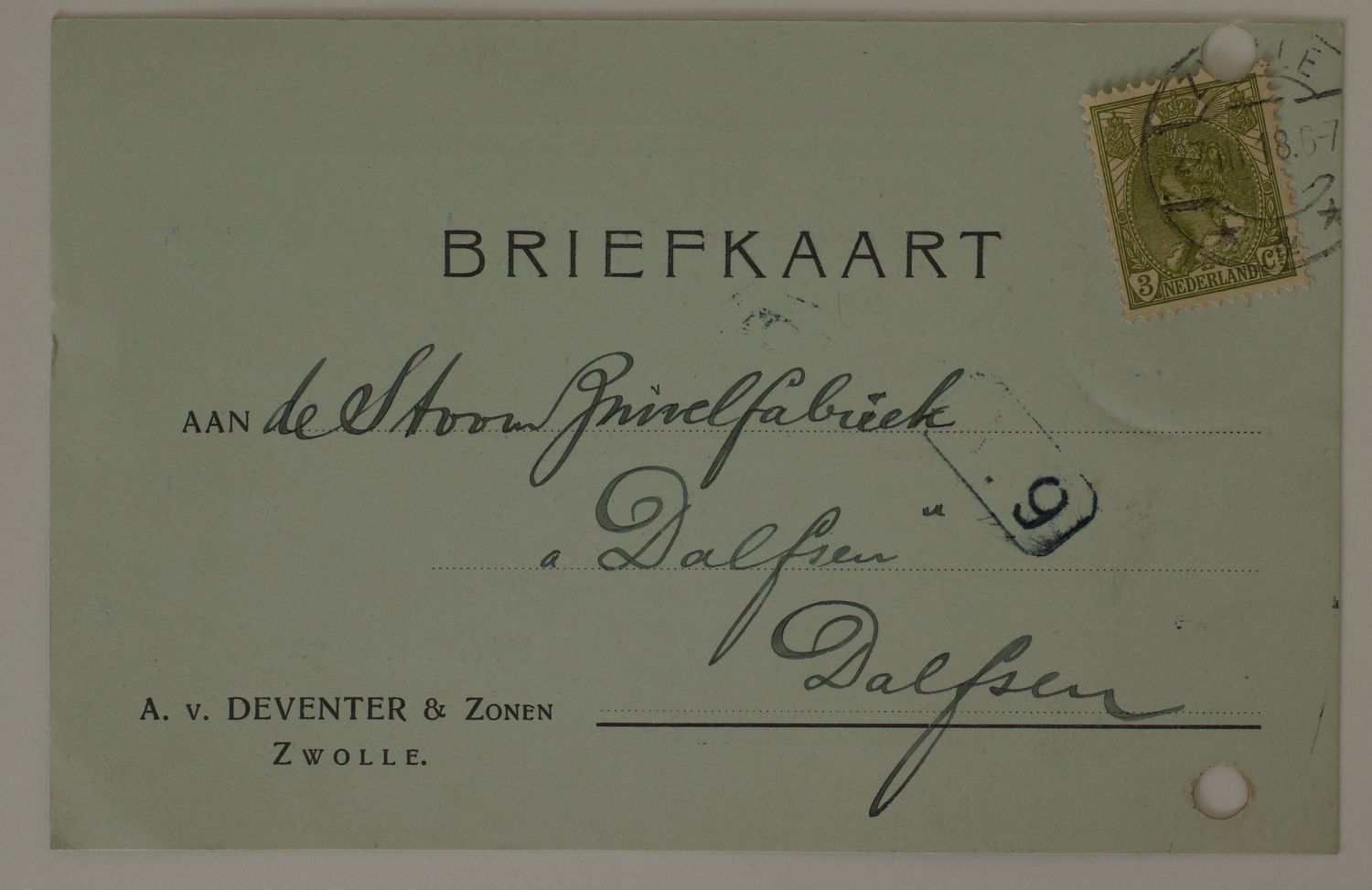 Briefkaart Fa. van Deventer & Zonen naar Dalfsen, langebalk Zwolle 4