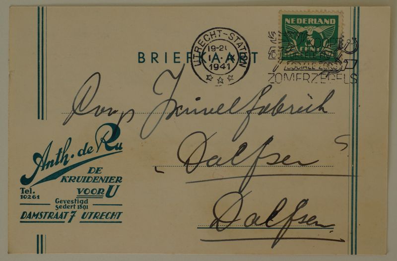 Briefkaart Kruidenier Anth. de Ru naar Dalfsen, machinestempel Utrecht-Station Briefkaart Kruidenier Anth. de Ru naar Dalfsen, machinestempel Utrecht-Station