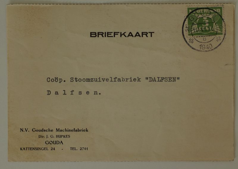 Briefkaart Goudsche Machinefabriek naar Dalfsen, kortebalk Gouda 8 Briefkaart Goudsche Machinefabriek naar Dalfsen, kortebalk Gouda 8
