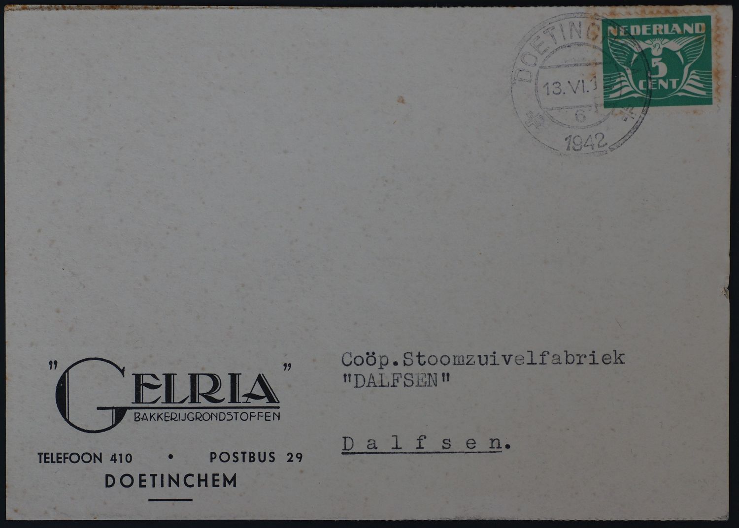 Briefkaart Fa. Gelria naar Dalfsen, kortebalk Doetinchem 6