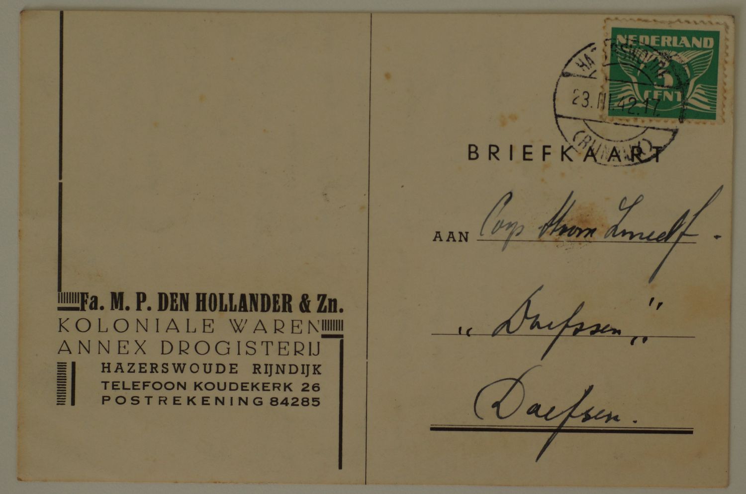Briefkaart Fa. den Hollander naar Dalfsen, langebalk Hazerswoude (Rijndijk)