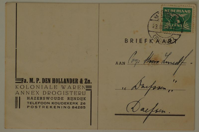 Briefkaart Fa. den Hollander naar Dalfsen, langebalk Hazerswoude (Rijndijk) Briefkaart Fa. den Hollander naar Dalfsen, langebalk Hazerswoude (Rijndijk)
