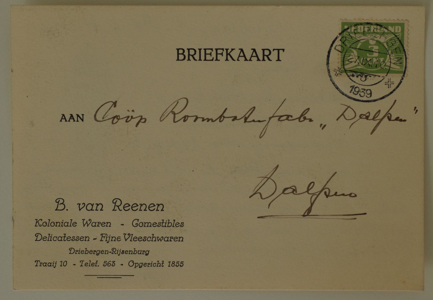 Briefkaart Fa. B. van Reenen naar Dalfsen, kortebalk Driebergen 3