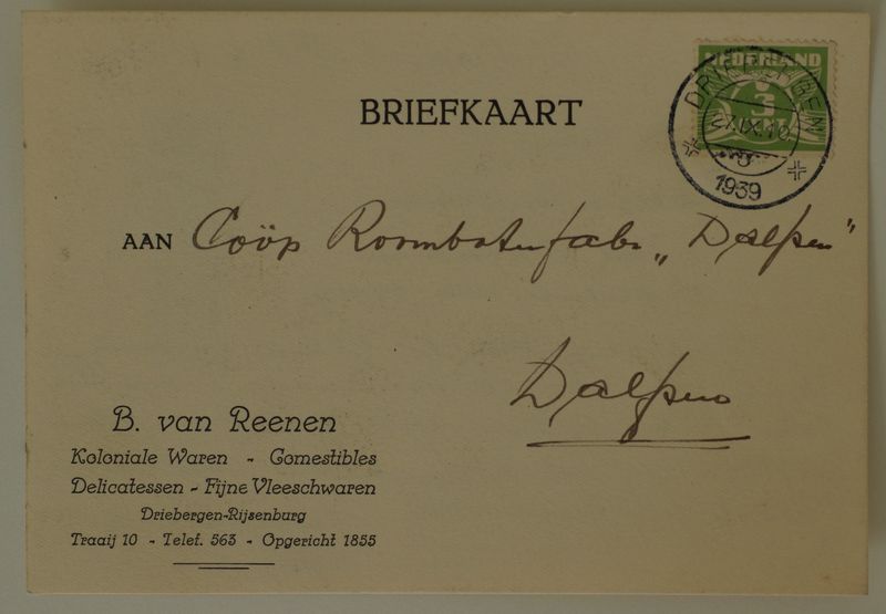 Briefkaart Fa. B. van Reenen naar Dalfsen, kortebalk Driebergen 3 Briefkaart Fa. B. van Reenen naar Dalfsen, kortebalk Driebergen 3