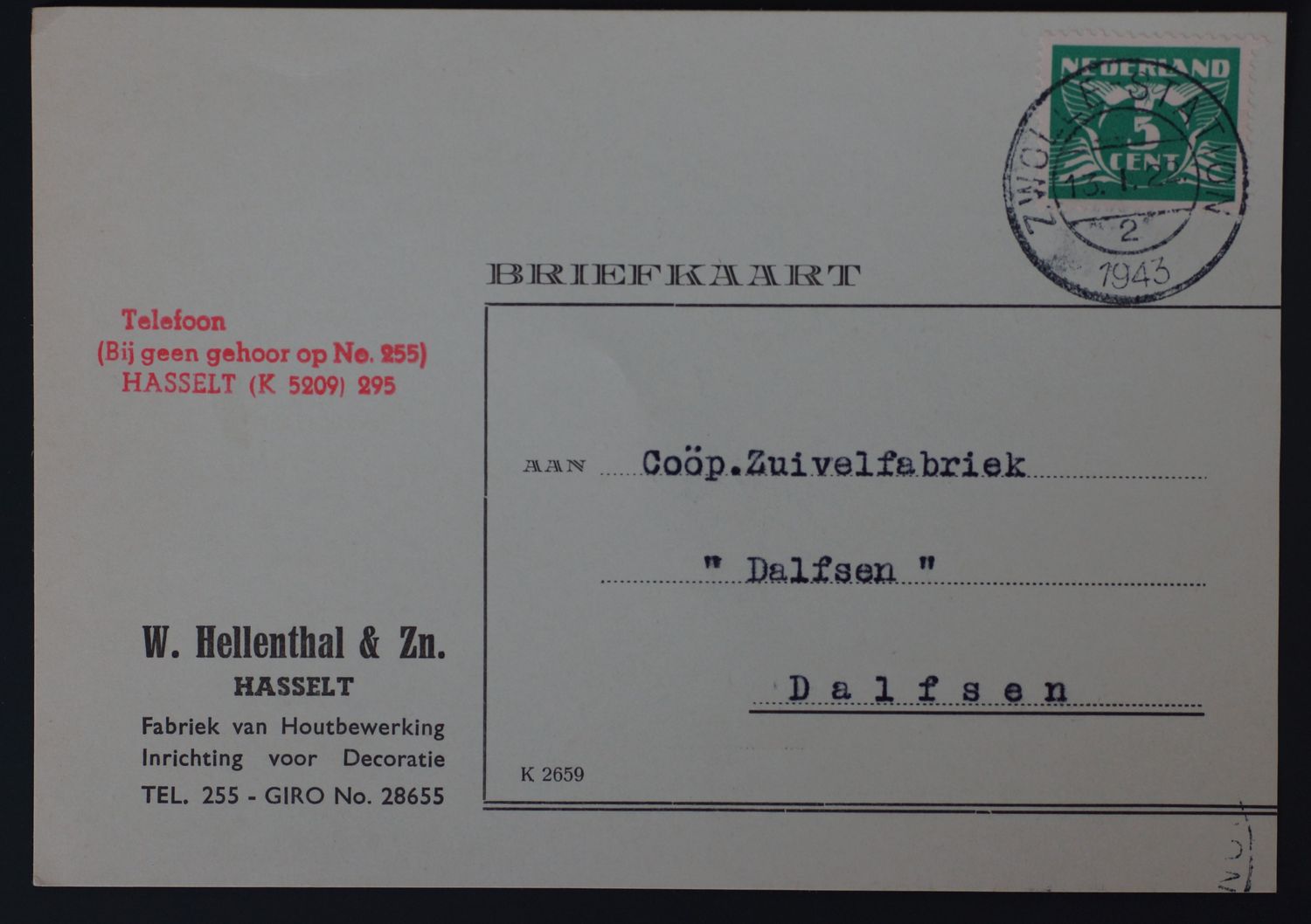 Briefkaart Fa. W. Hellenthal & Zn. naar Dalfsen, kortebalk Zwolle-Station 2