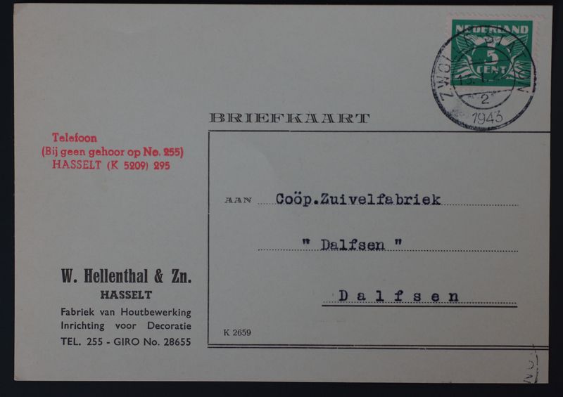 Briefkaart Fa. W. Hellenthal & Zn. naar Dalfsen, kortebalk Zwolle-Station 2 Briefkaart Fa. W. Hellenthal & Zn. naar Dalfsen, kortebalk Zwolle-Station 2