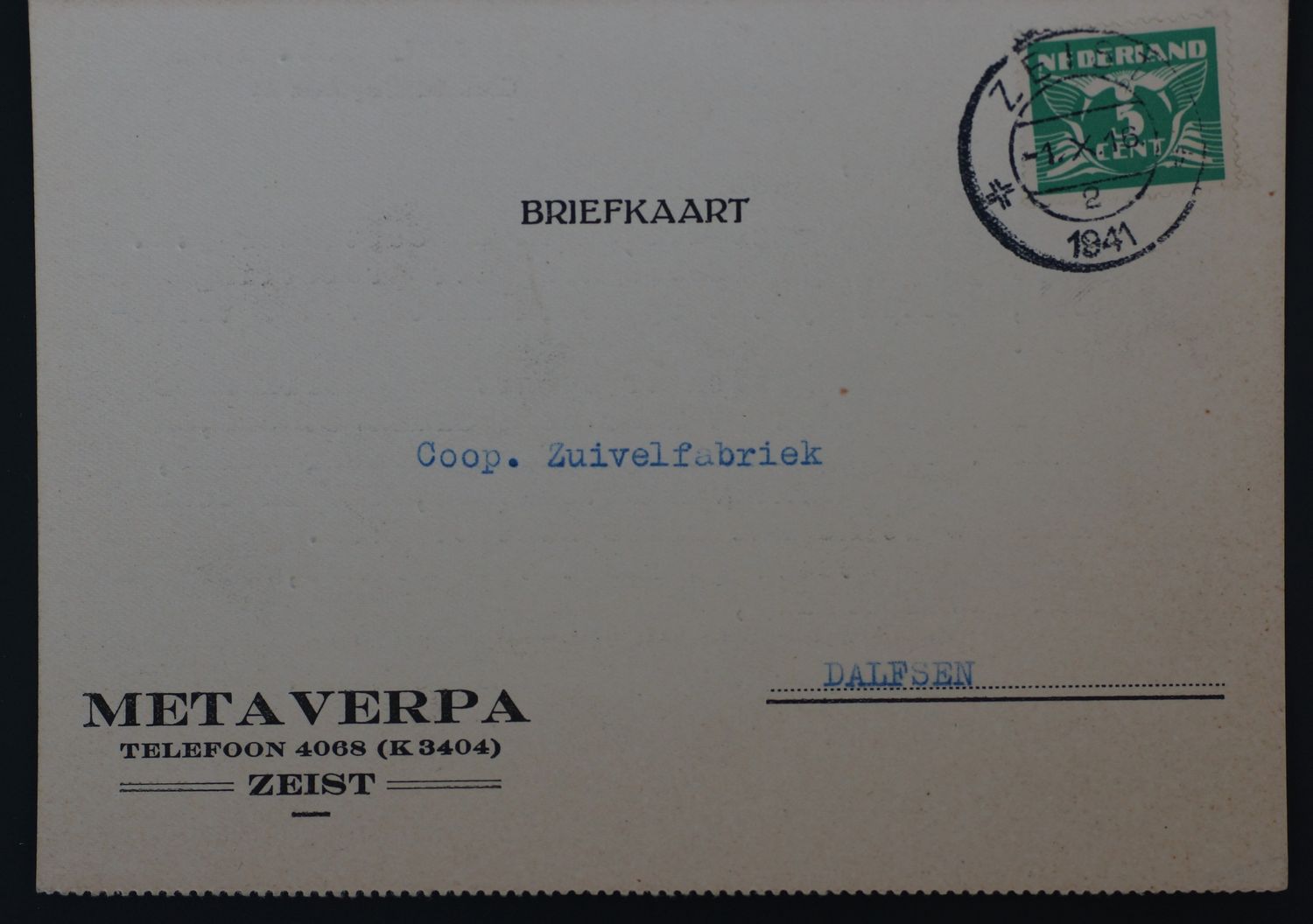 Briefkaart Metaverpa naar Dalfsen, kortebalk Zeist 2