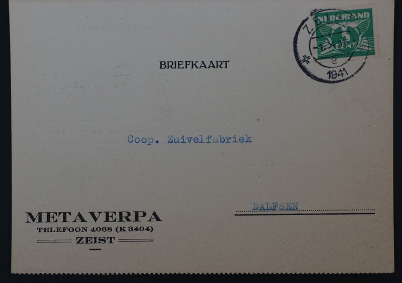 Briefkaart Metaverpa naar Dalfsen, kortebalk Zeist 2 Briefkaart Metaverpa naar Dalfsen, kortebalk Zeist 2