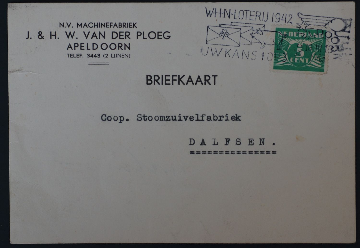 Briefkaart Machinefabriek van der Ploeg naar Dalfsen, machinestempel Apeldoorn