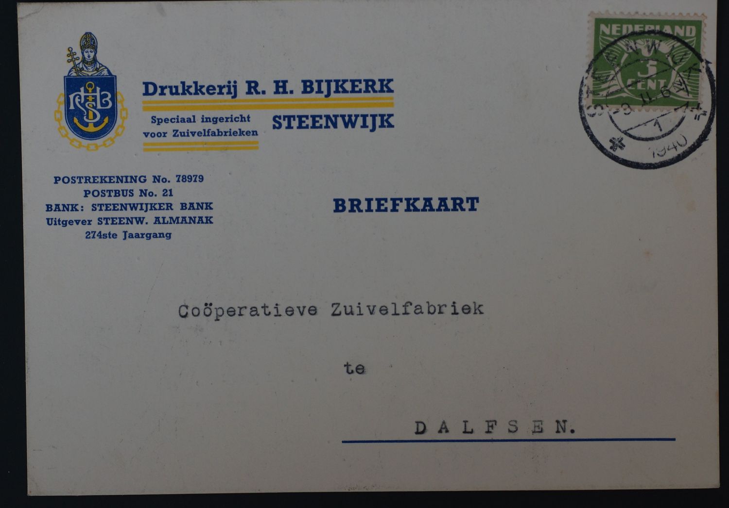 Briefkaart Drukkerij Bijkerk naar Dalfsen, kortebalk Steenwijk 1