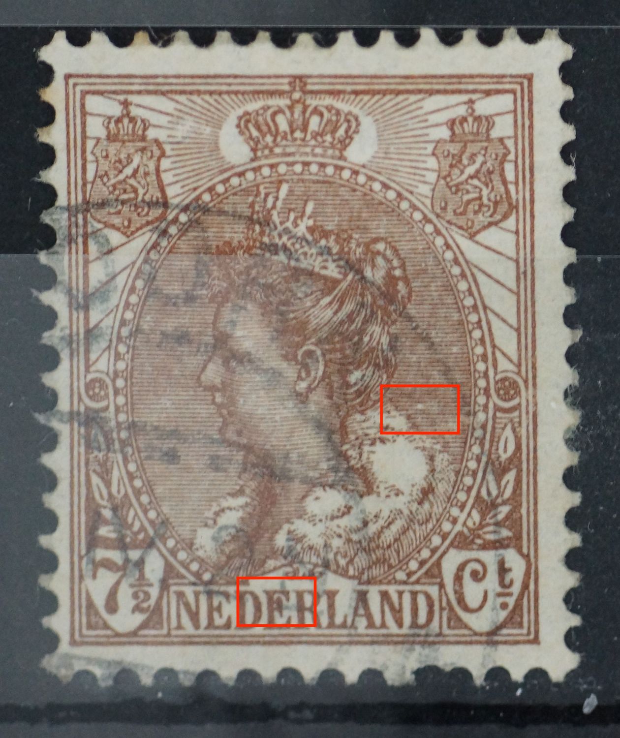 NVPH 61 - bruine vlek in de 2e E van NEDERLAND en breuk in arcering achter het hoofd NVPH 61 - bruine vlek in de 2e E van NEDERLAND en breuk in arcering achter het hoofd