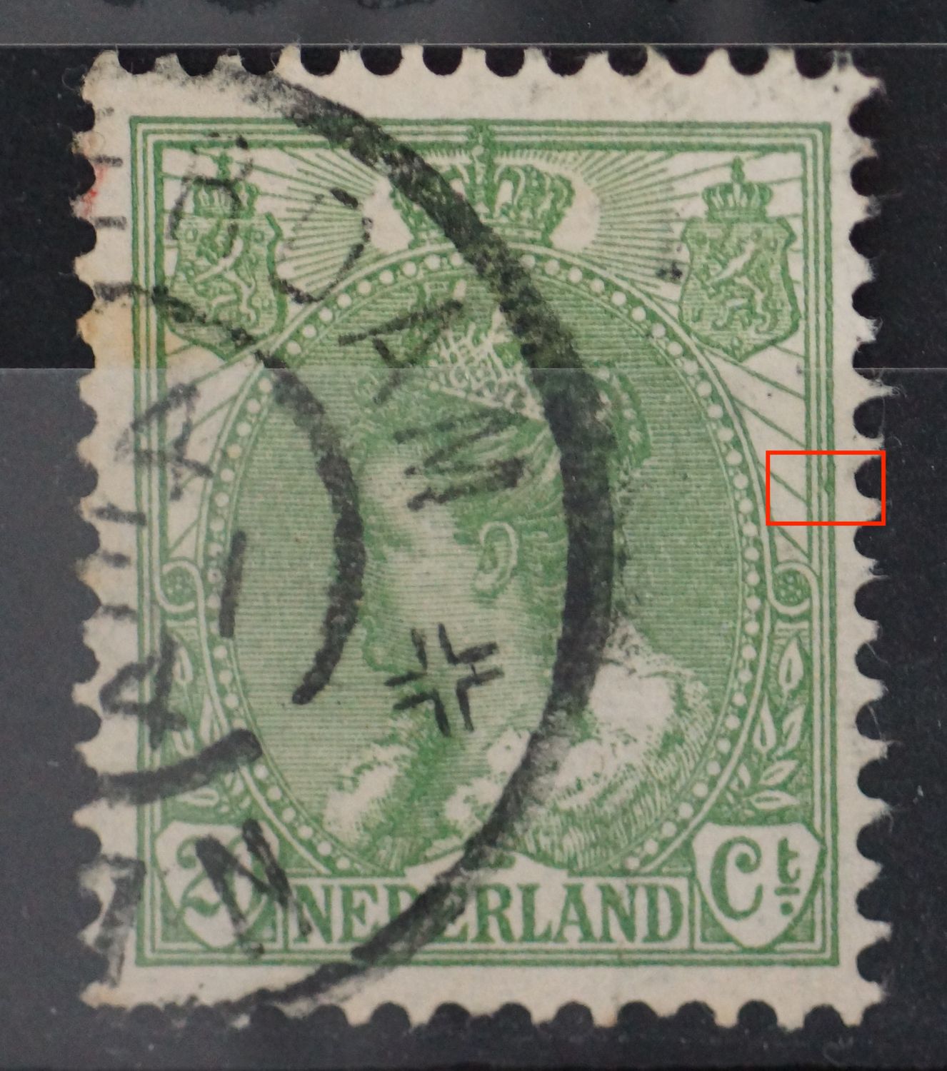 NVPH 68 - groene vlek aan kaderlijn rechts NVPH 68 - groene vlek aan kaderlijn rechts