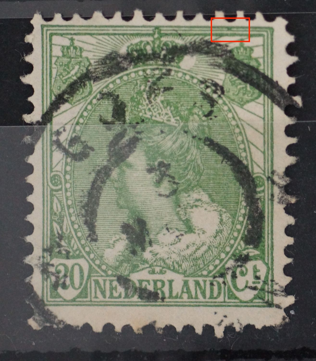 NVPH 68 - groene vlek tussen kaderlijnen boven, rechts