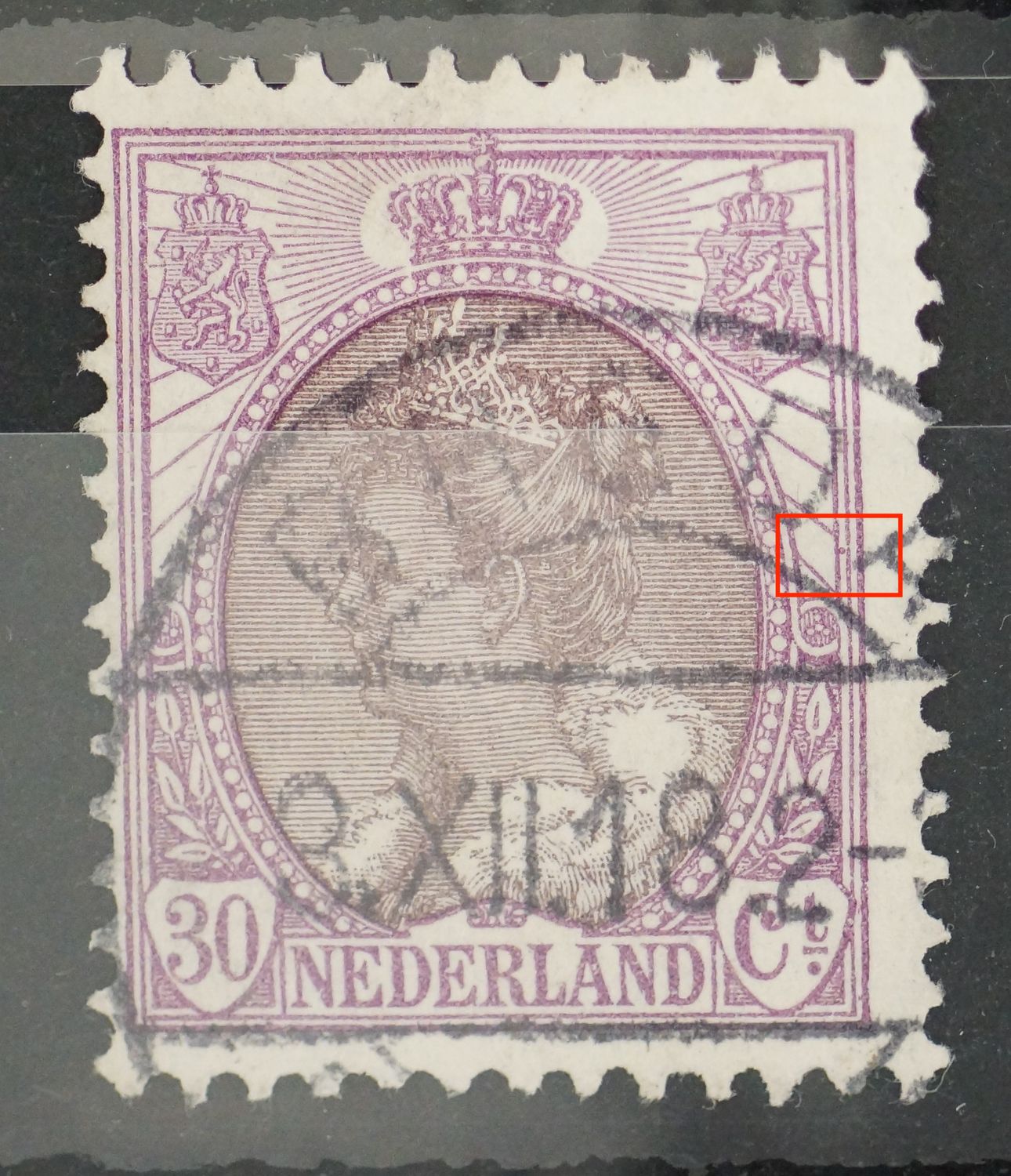 NVPH 72 - violette punt tussen kaderlijnen rechts