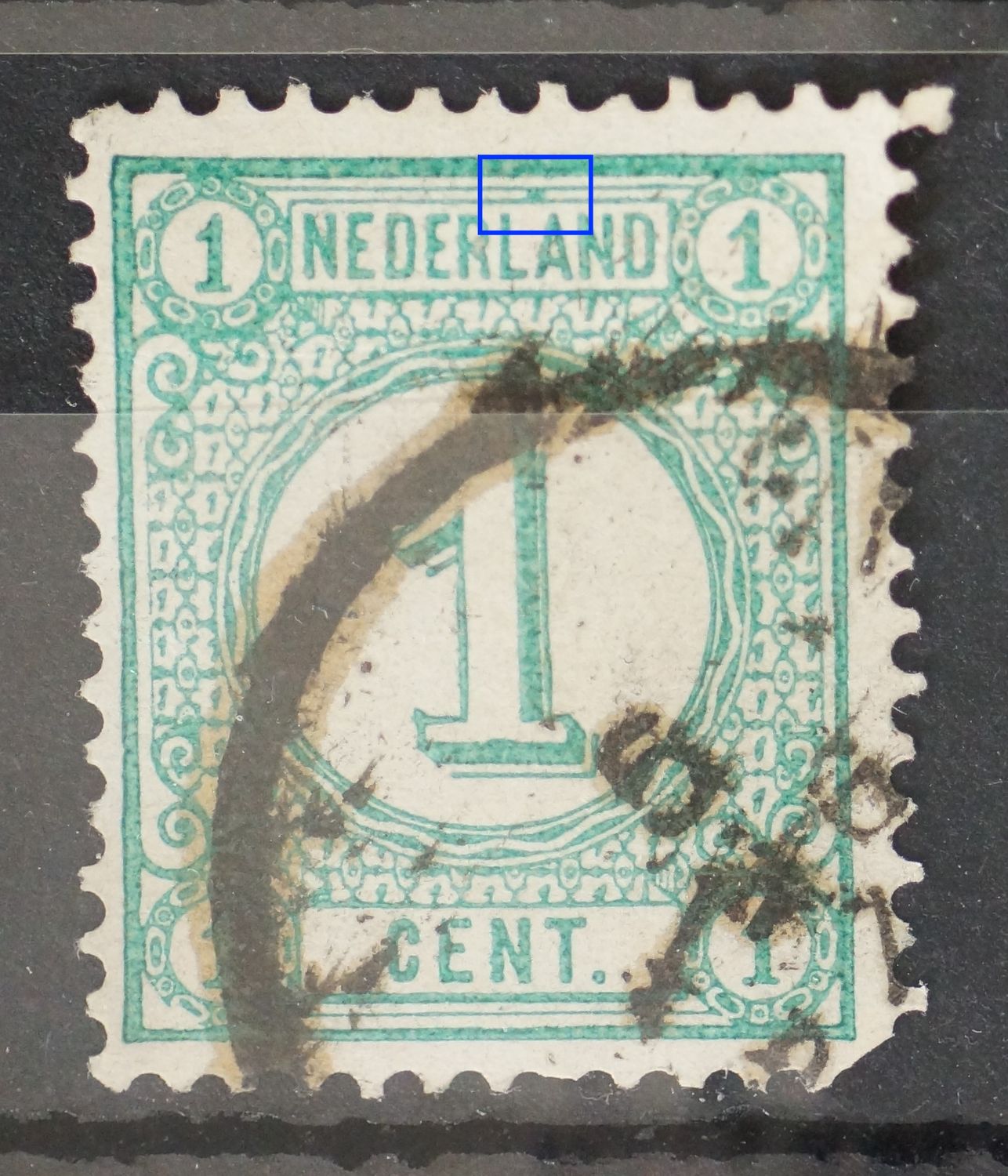 NVPH 31 - groene vlek boven LA van NEDERLAND