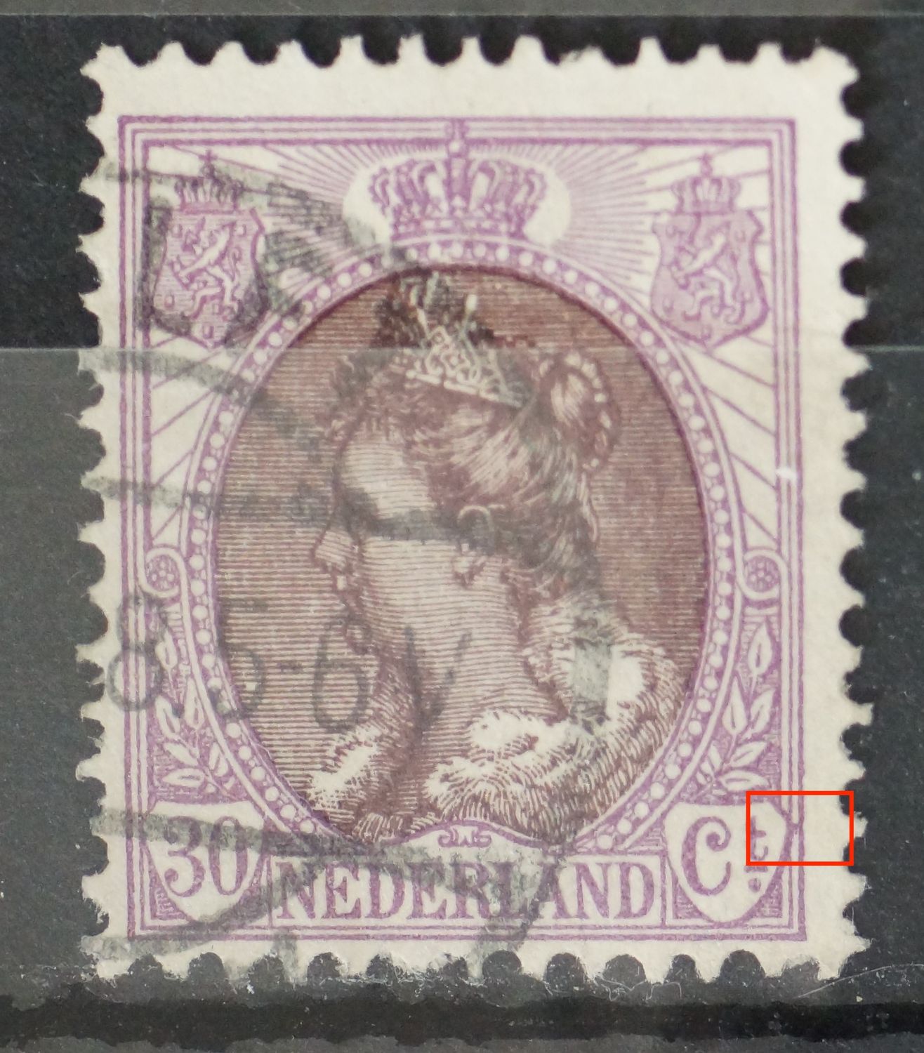 NVPH 72 - violette vlek tussen kaderlijnen rechts, bij Ct.