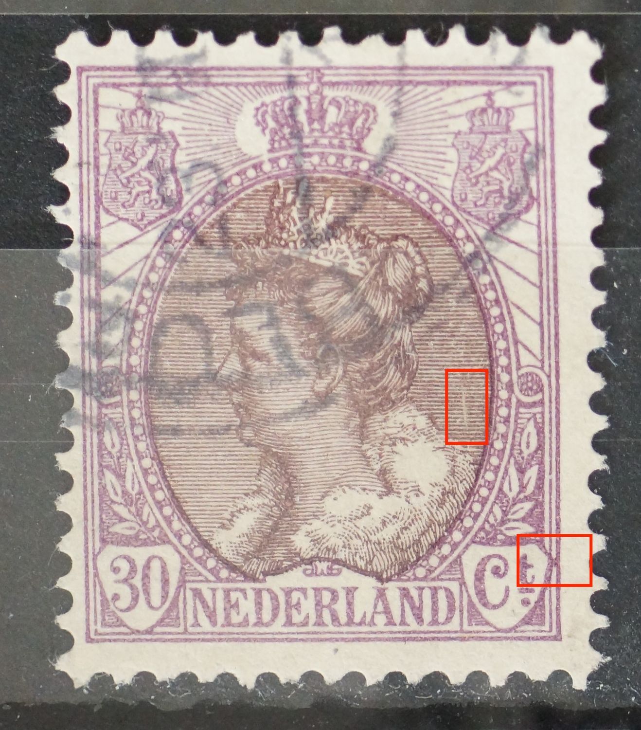 NVPH 72 - o.a. violette vlek tussen kaderlijnen rechts, onder