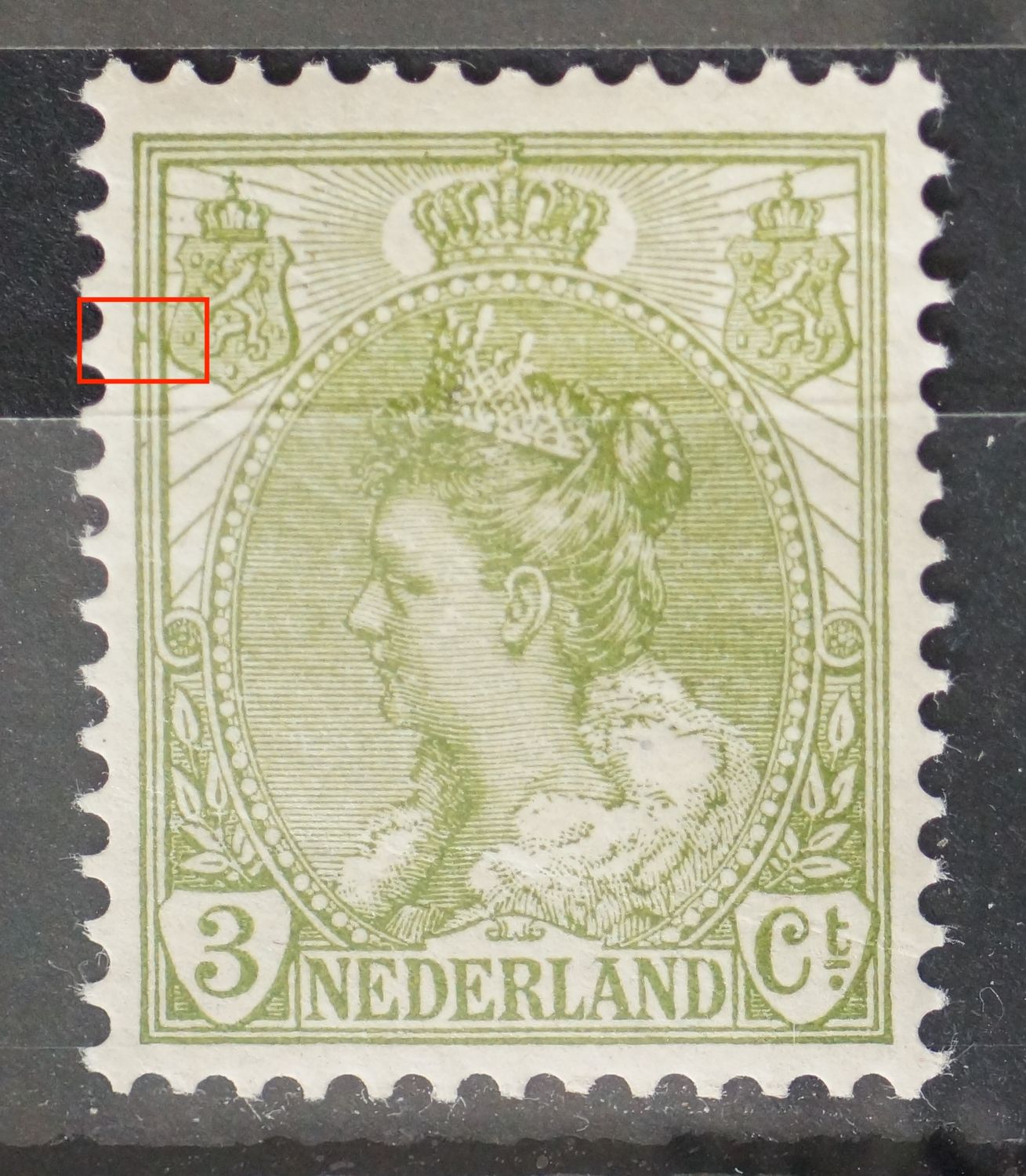 NVPH 72 - groene vlek tussen kaderlijnen links, boven NVPH 72 - groene vlek tussen kaderlijnen links, boven