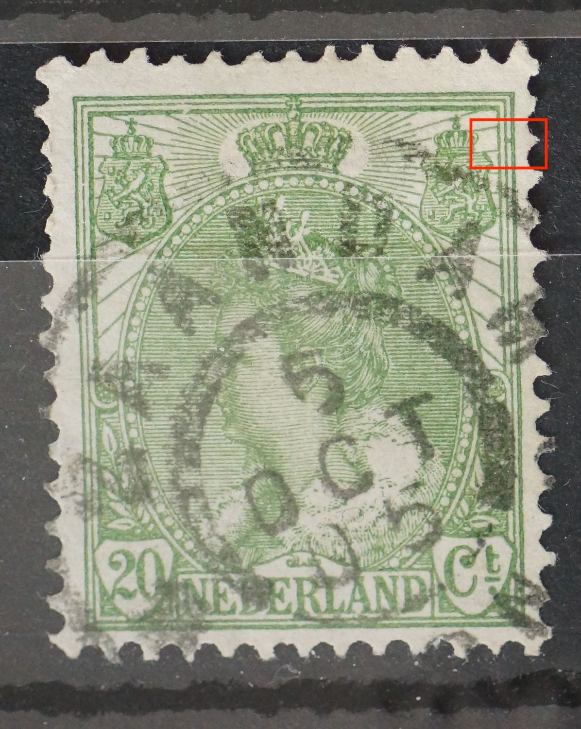 NVPH 68 - groene lek tussen kaderlijnen rechts, boven NVPH 68 - groene lek tussen kaderlijnen rechts, boven