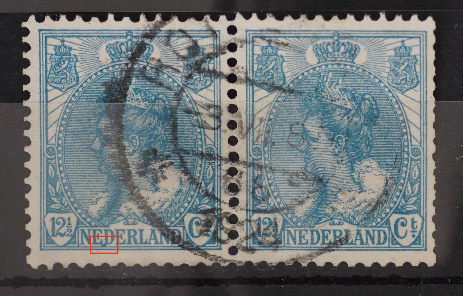 NVPH 63 (paar) - blauwe vlek onder ED van NEDERLAND