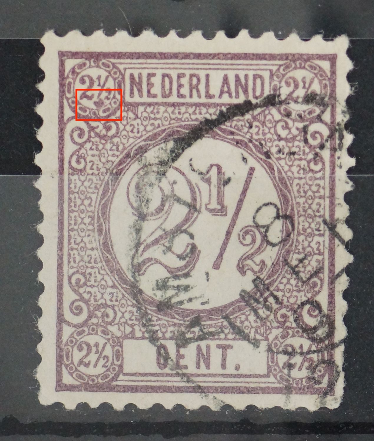 NVPH 33 - grote hartvormige violette vlek bij cijfer 2 1/2 linksboven