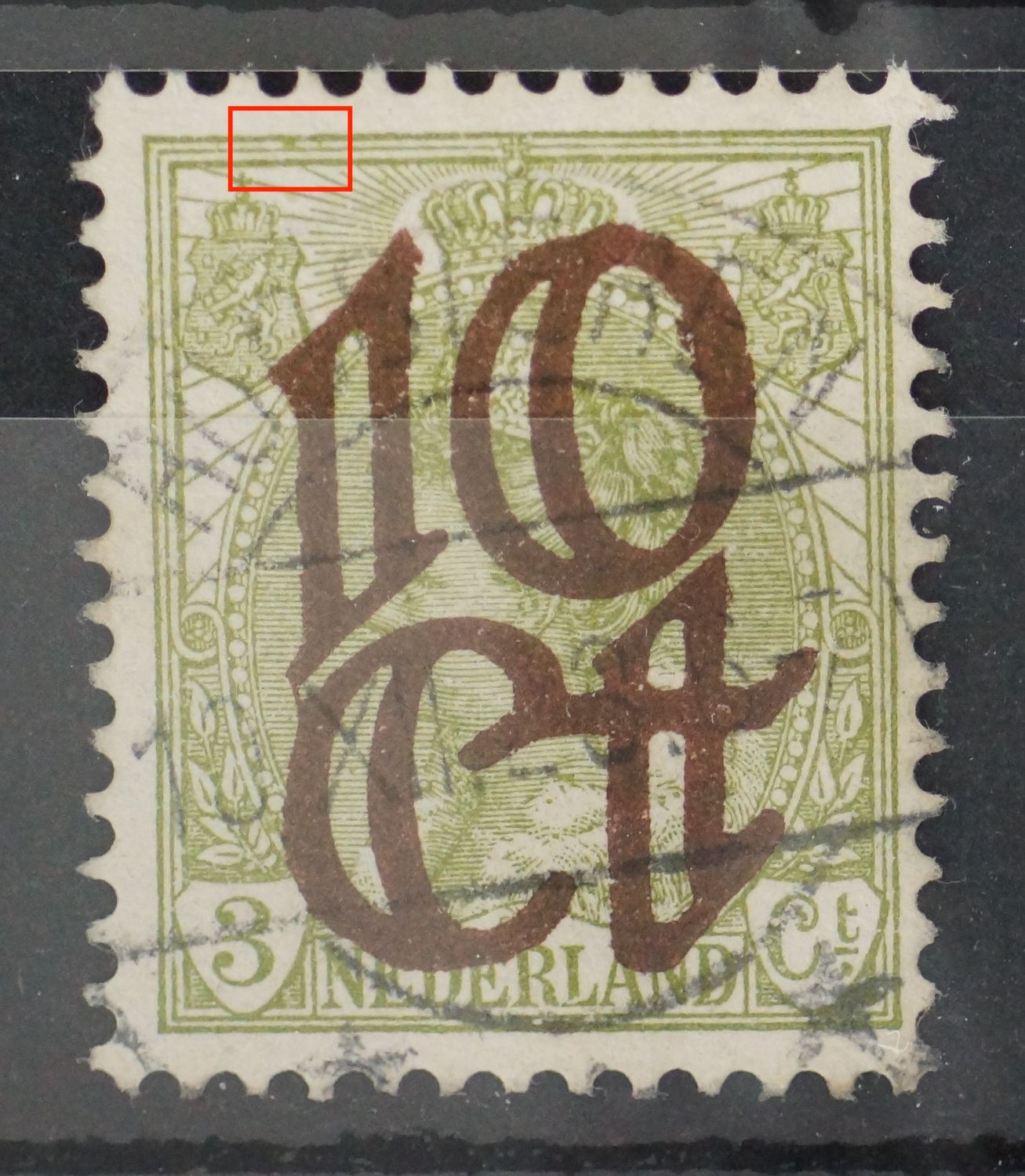 NVPH 116 - groene vlek tussen kaderlijnen boven, links