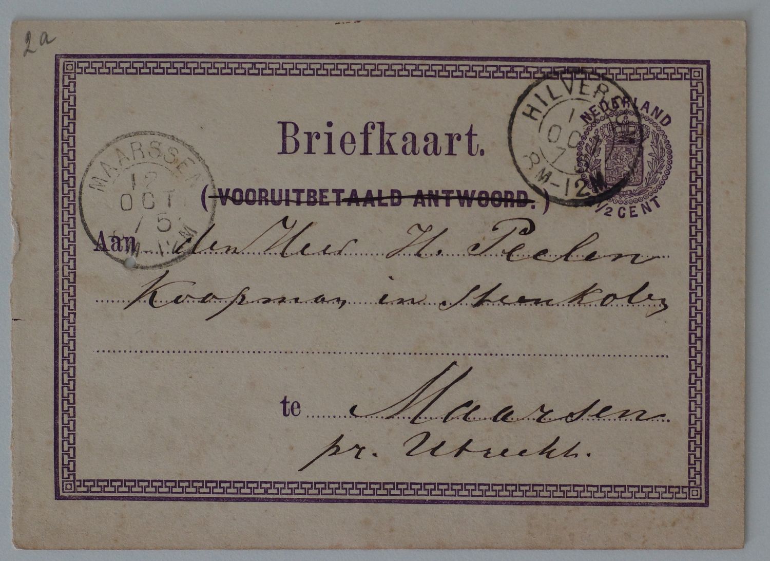 Tweeletterstempels Hilversum en Maarssen op briefkaart (1875)