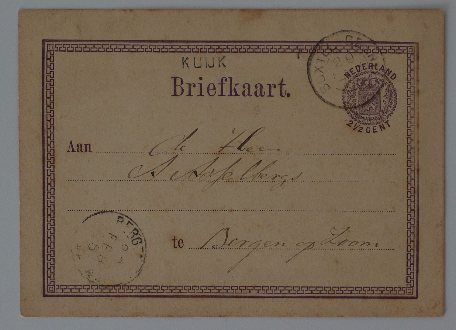 Tweeletterstempel Bergen op Zoom, kleinrond  Boxtel-Gennep en kantoornaamstempel Kuijk op briefkaart