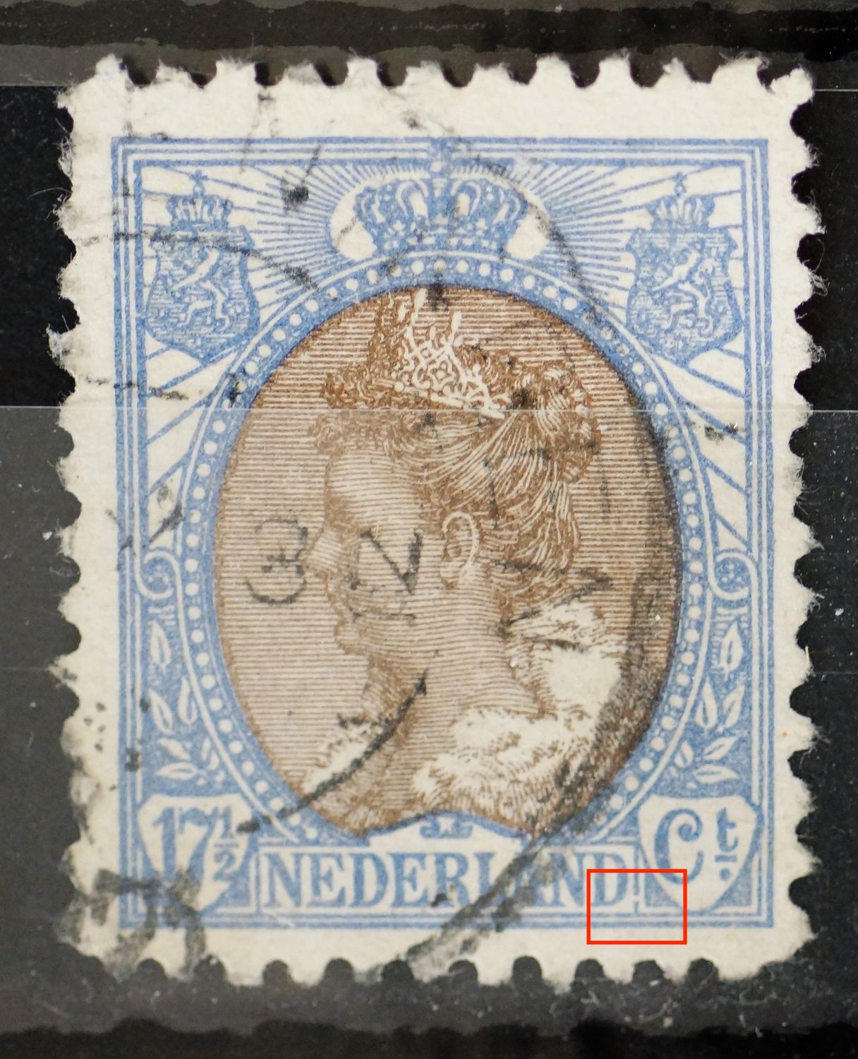 NVPH 67 - o.a. breuk in kaderlijn rechts van NEDERLAND