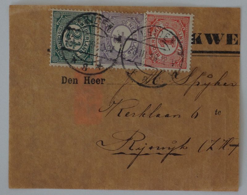 Leiden 8 op NVPH 50, 51 en 55 op adresbandje Leiden 8 op NVPH 50, 51 en 55 op adresbandje