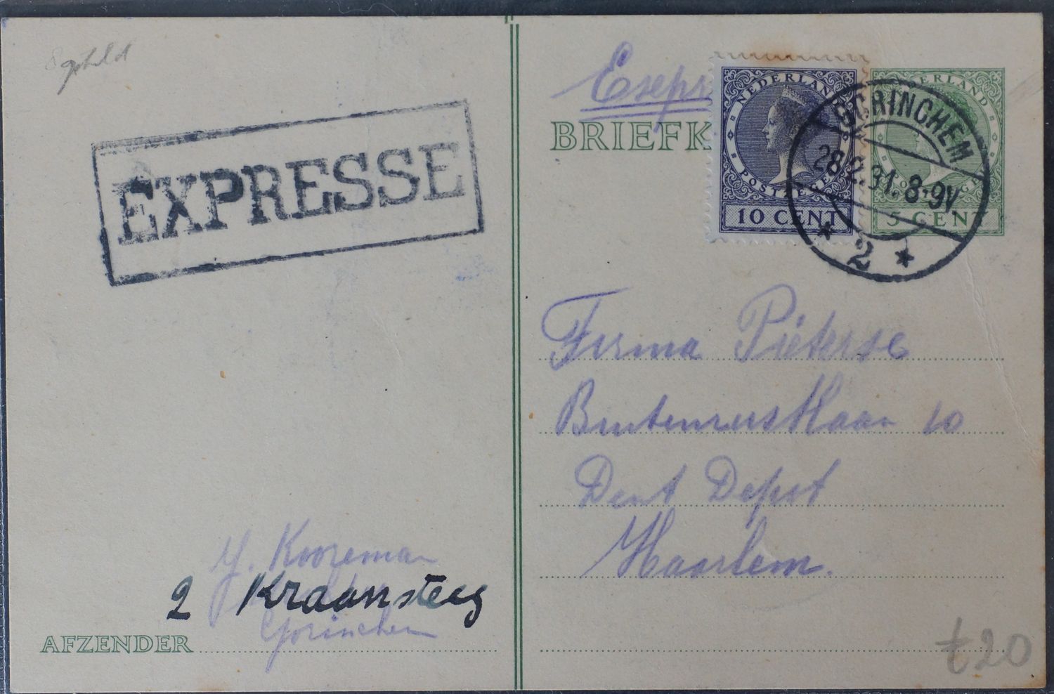 Gorinchem 2 op NVPH 183 op Expresee briefkaart - schaars