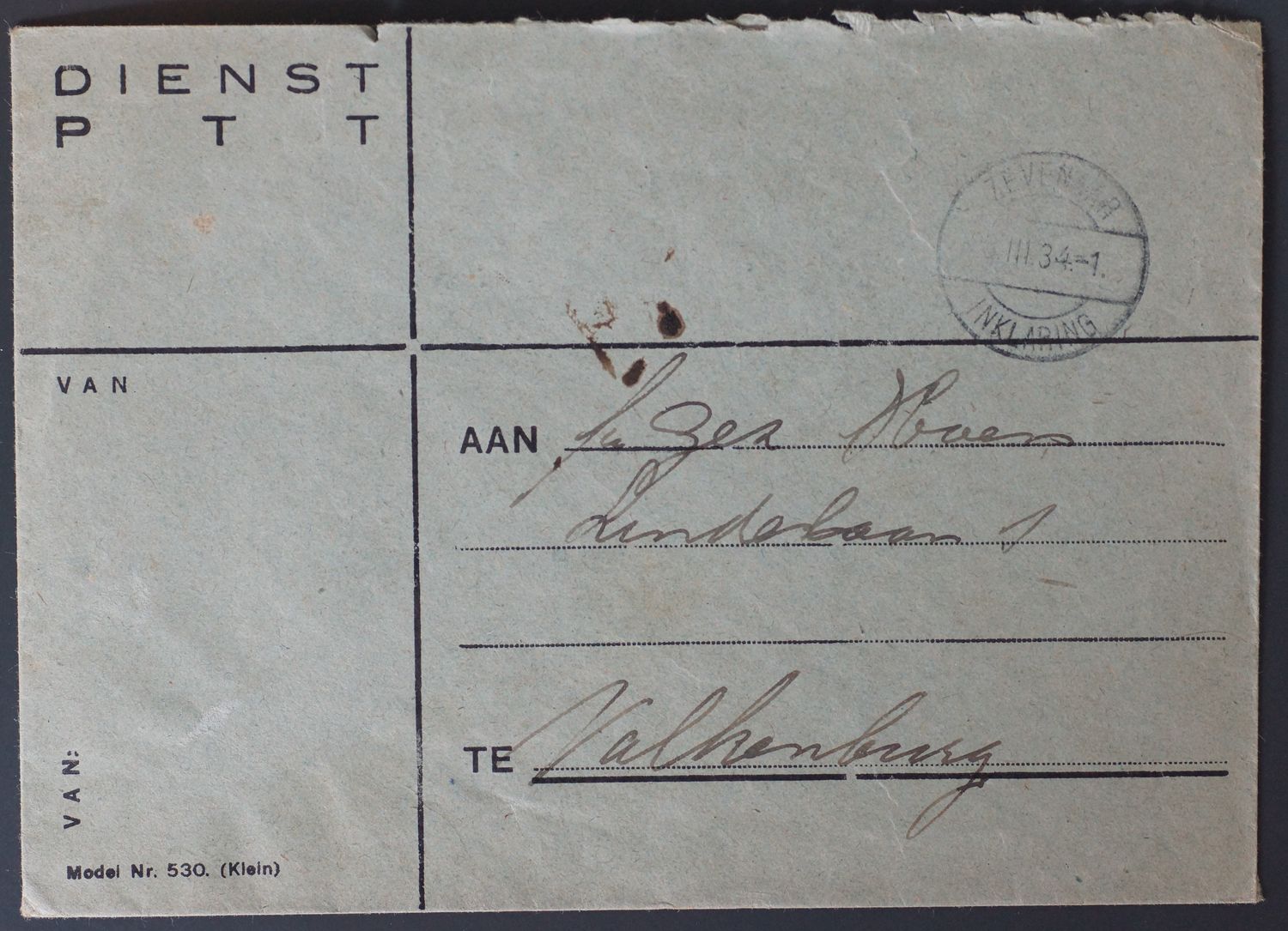 Zevenaar Inklaring op dienst enveloppe PTT Zevenaar Inklaring op dienst enveloppe PTT