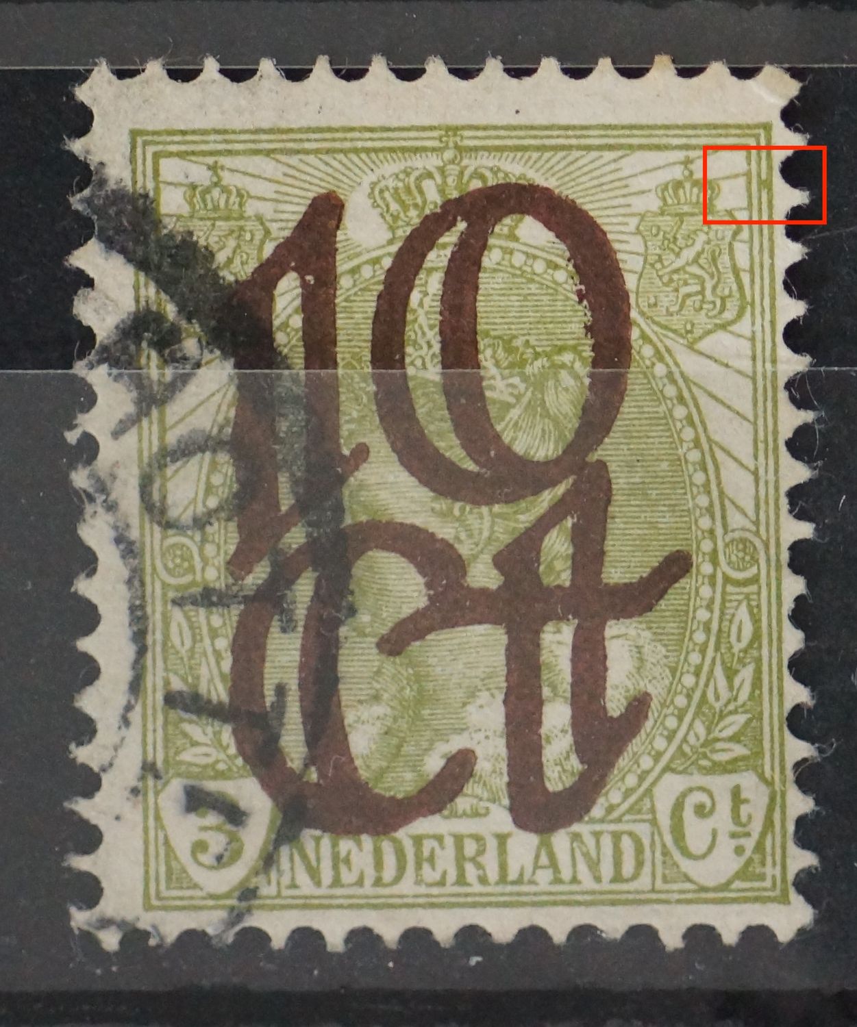 NVPH 116 - groene vlek tussen kaderlijnen rechts