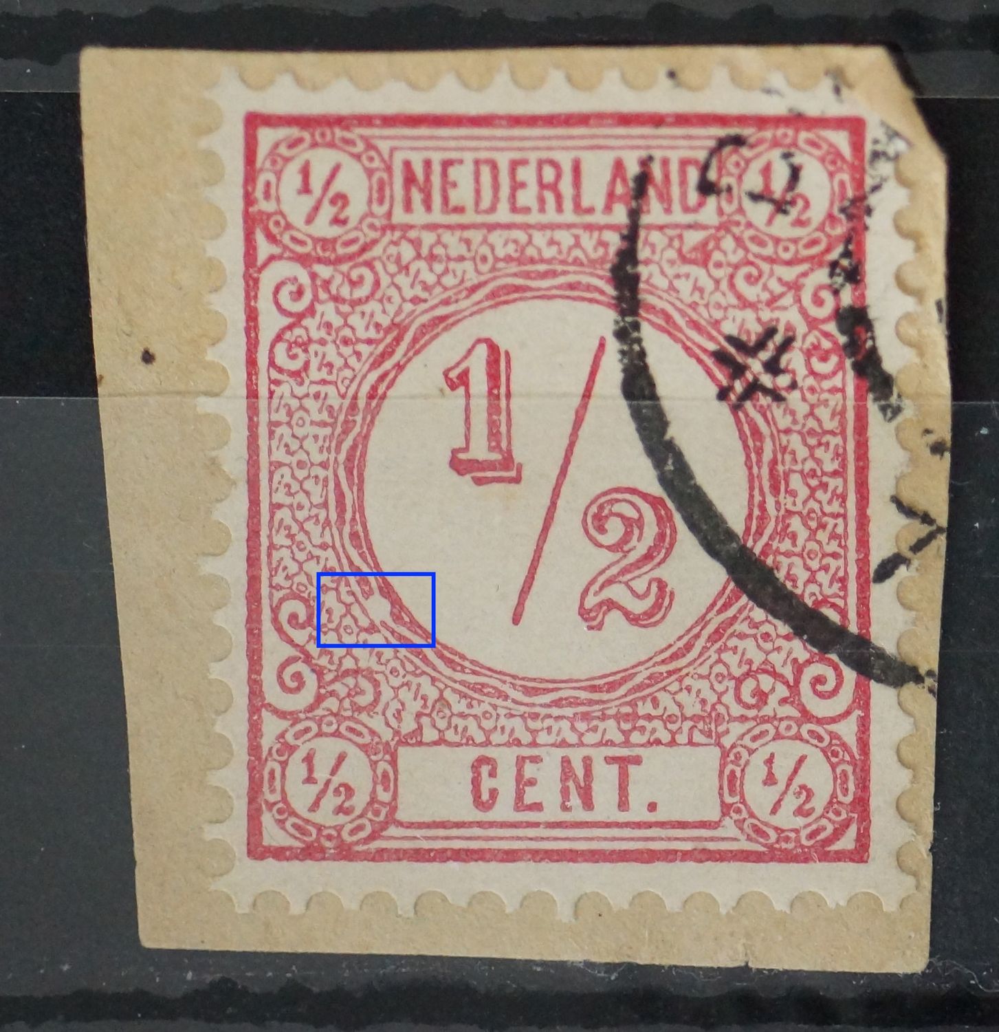 NVPH 30 - witte vlek in rand medaillon linksonder NVPH 30 - witte vlek in rand medaillon linksonder