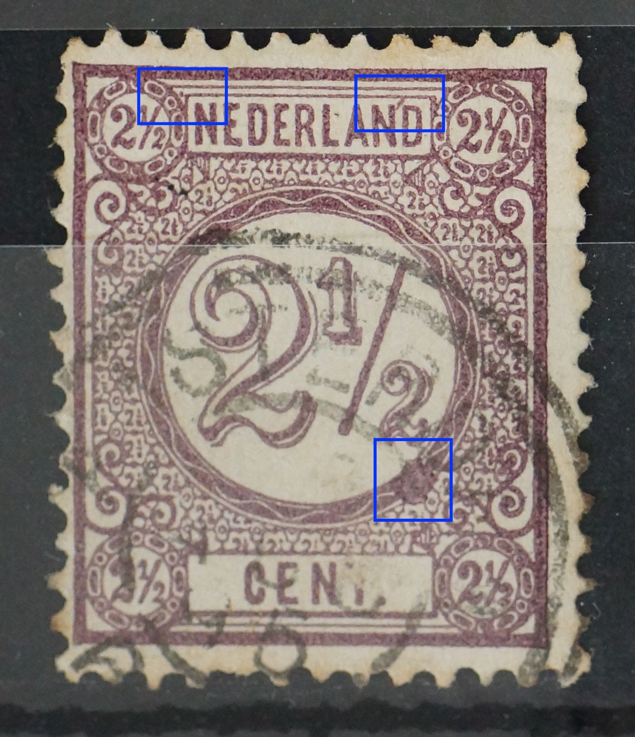 NVPH 33 - o.a. violette vlek tussen ND van NEDERLAND en grote violette vlek in rand medaillon rechtsonder