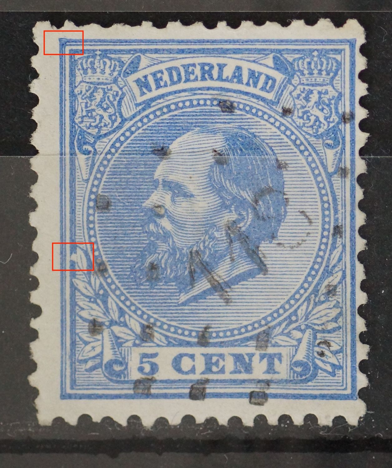 NVPH 19 - o.a. witte vlek bij bovenste blad links NVPH 19 - o.a. witte vlek bij bovenste blad links