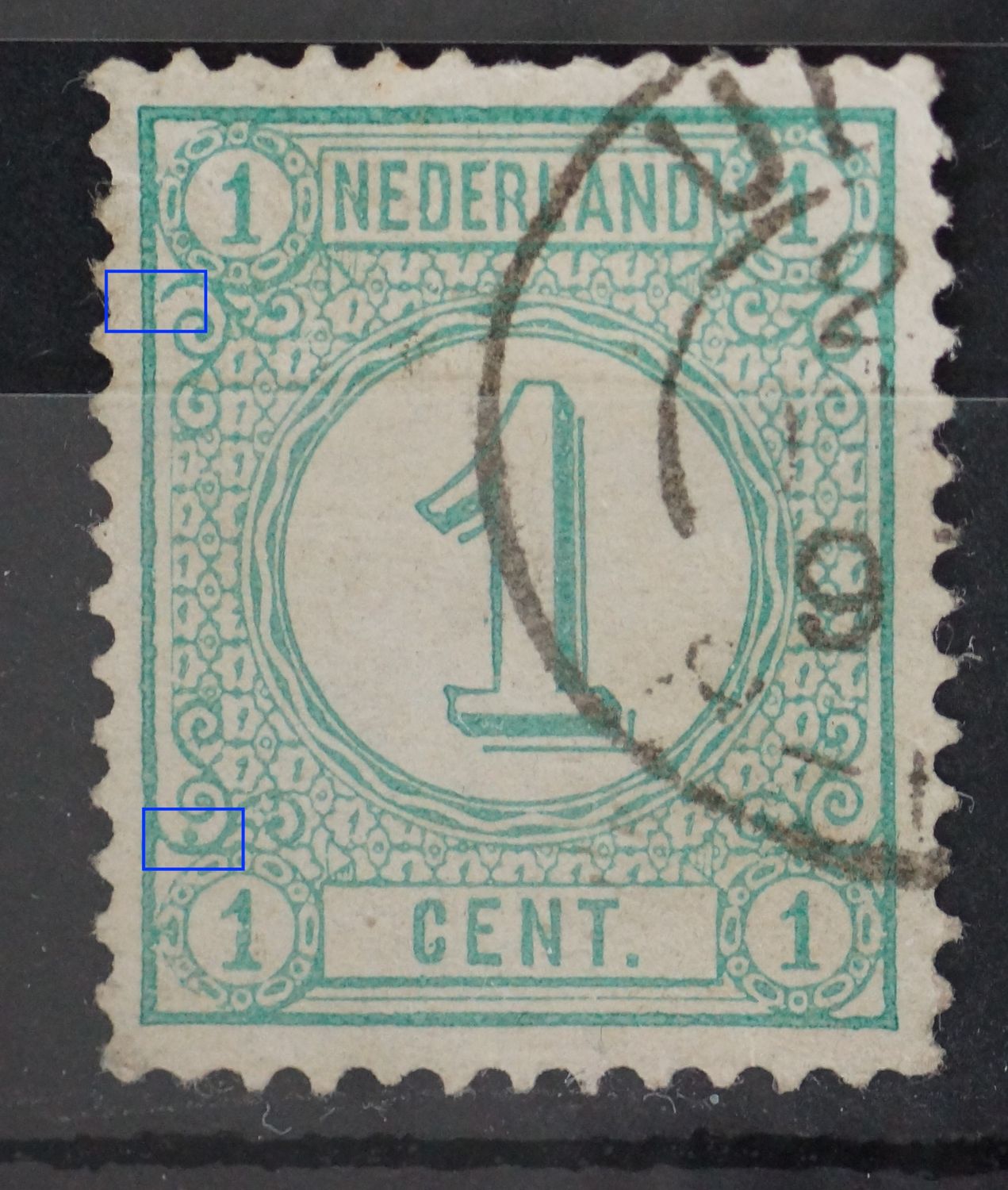 NVPH 31 - o.a. groene vlek in de krul linksonder