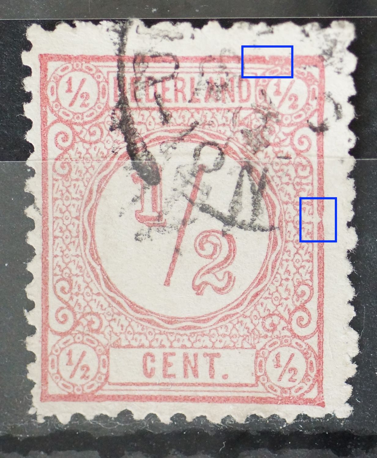 NVPH 30 - o.a. witte vlek/breuk in kaderlijn rechts