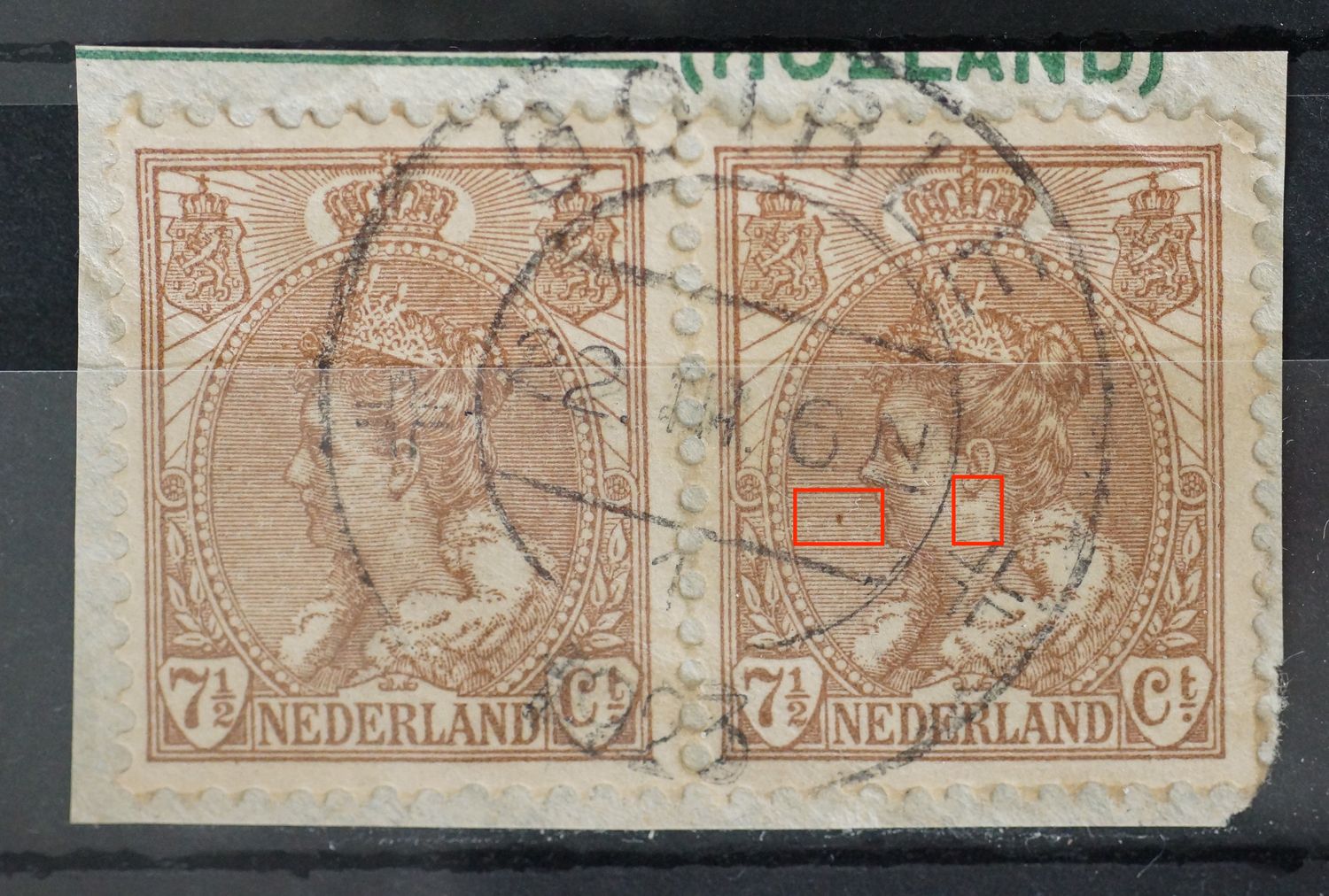 NVPH 61 (paar) - bruine vlek voor het gezicht en witte vklek in het gezicht (rechter zegel)