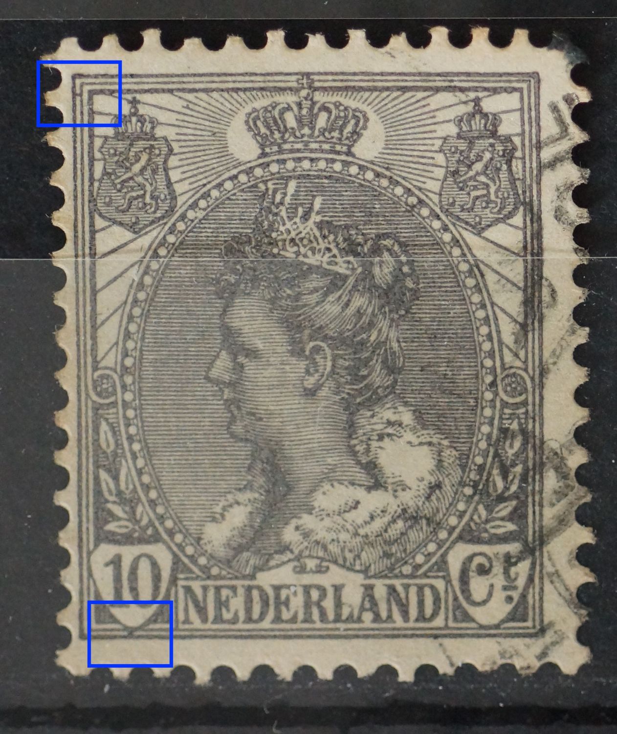 NVPH 62 - grijze punt tussen kaderlijnen links, boven en onder, links