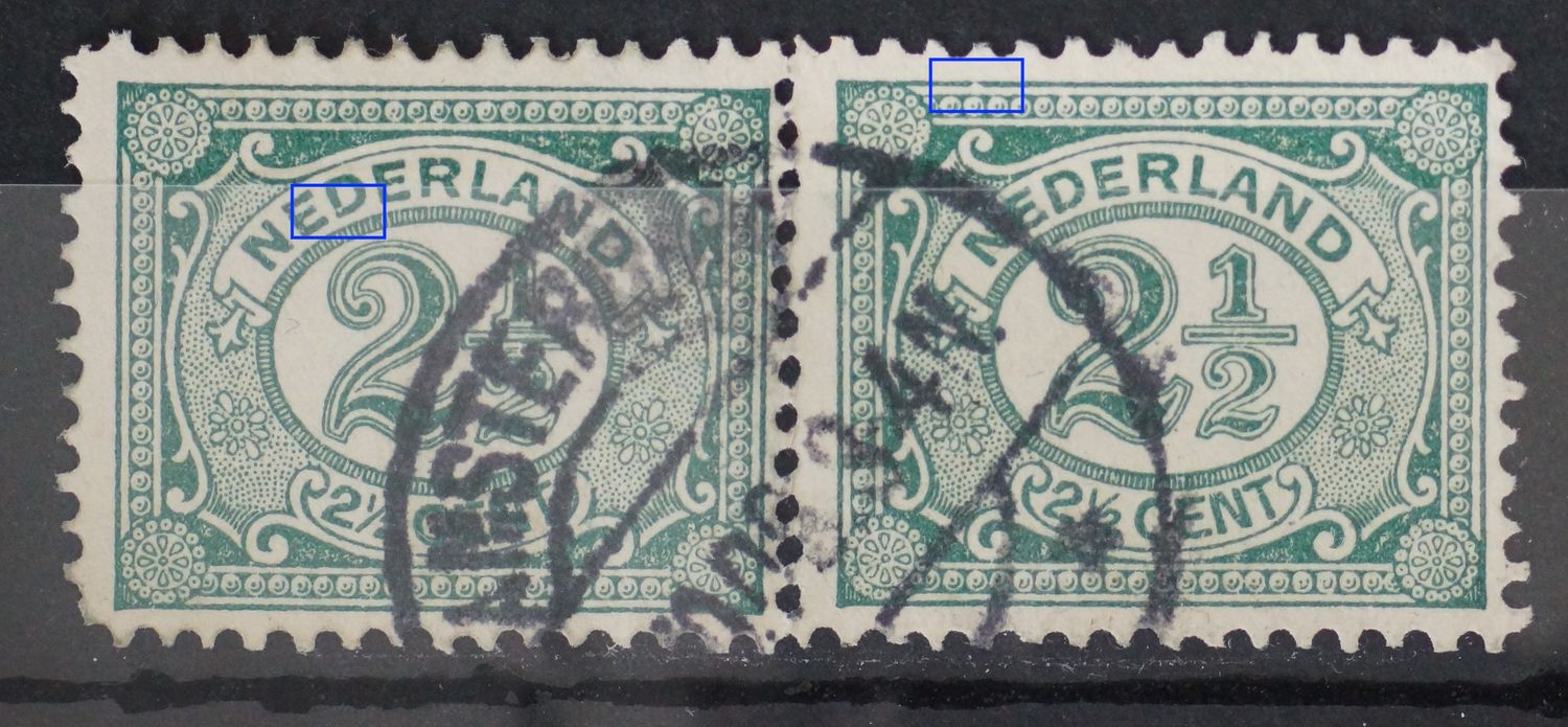 NVPH 55 (paar) - breuk odnerin de 1e D van NEDERLAND (linker zegel) en breuk in kaderlijn boven, links (rechter zegel)