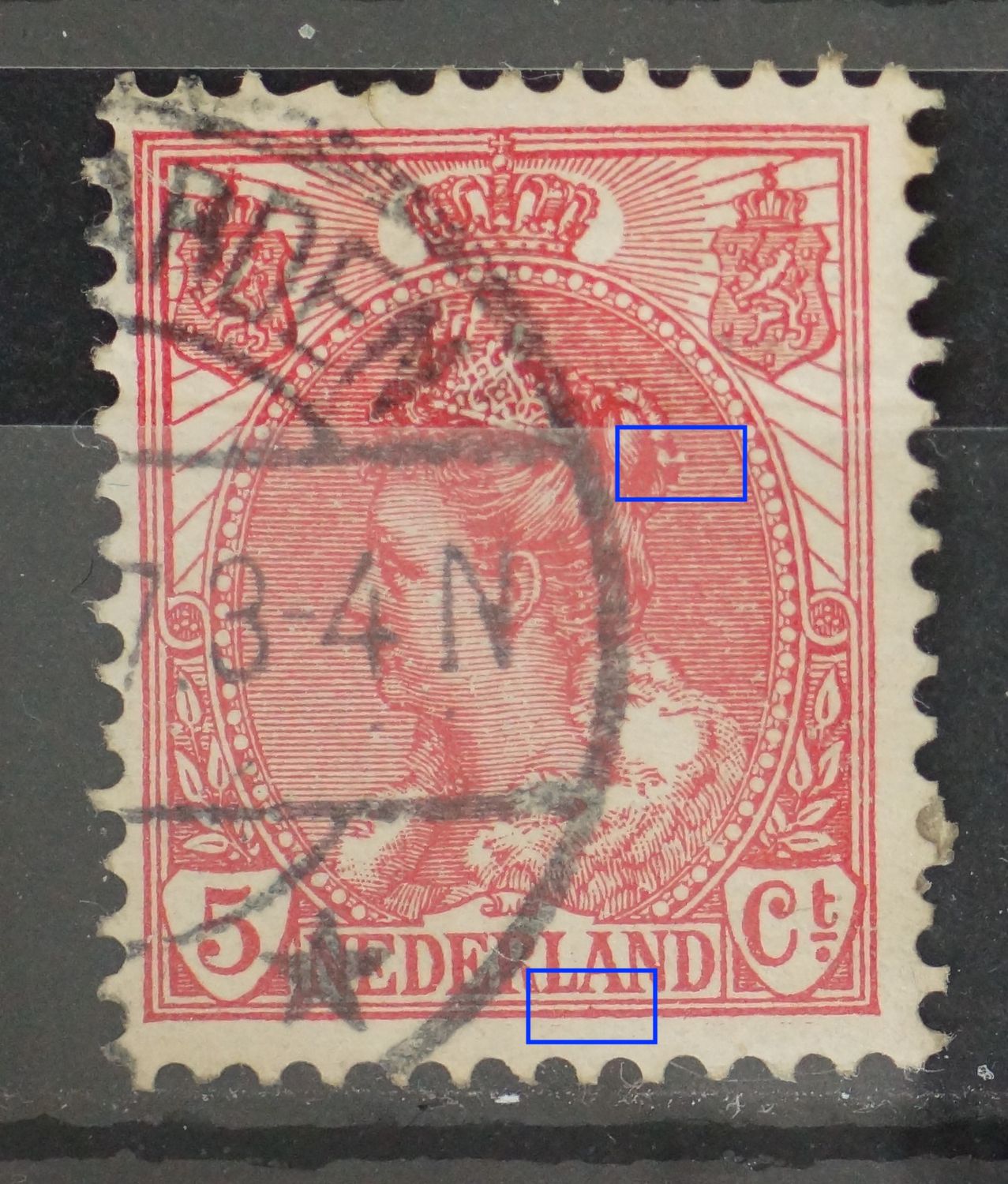 NVPH 60 - breuk in arcering rechts, net achter het haar en rode stip onder de A van NEDERLAND NVPH 60 - breuk in arcering rechts, net achter het haar en rode stip onder de A van NEDERLAND