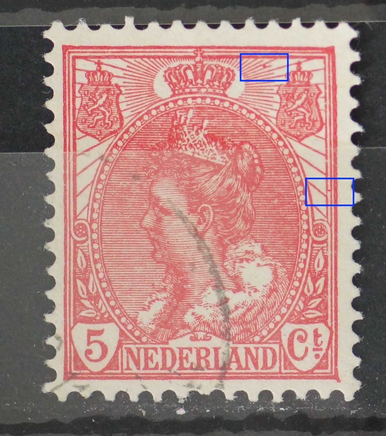 NVPH 60 - rode punt tussen stralen rechts en tussen kaderlijnen rechts