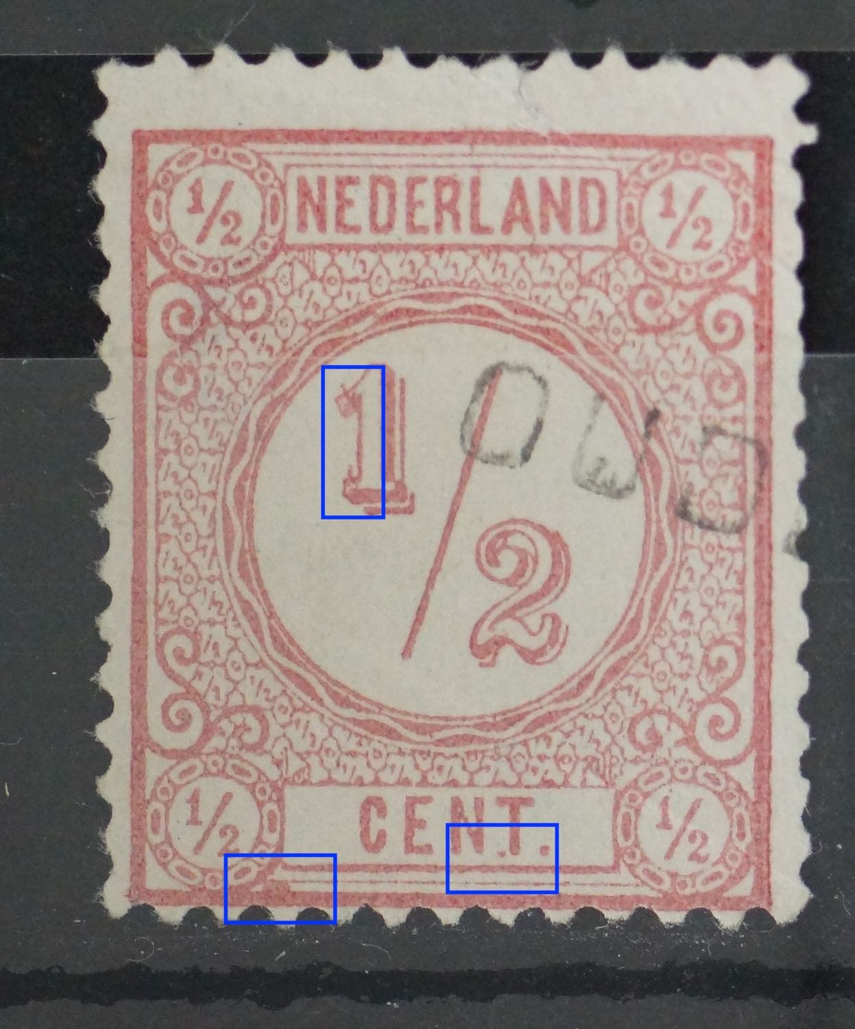 NVPH 30 - o.a. grote roze vlek linksonder en bkrassen rondom de 1