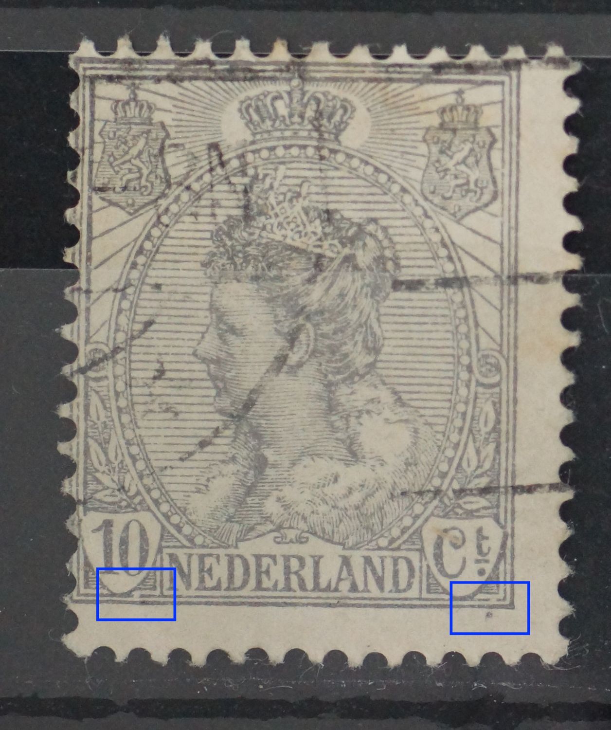 NVPH 81 - o.a. breuk in kaderlijn onder, rechts met grijze punt daaronder