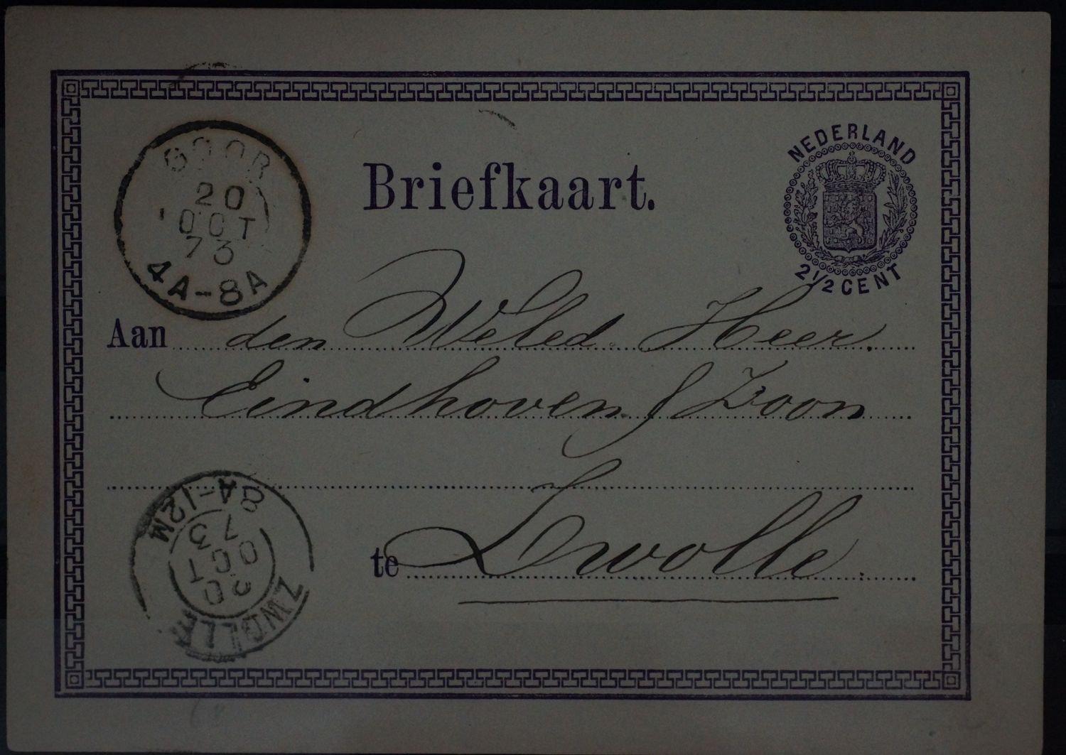 Tweeletterstempel Goor en Zwolle op nette briefkaart