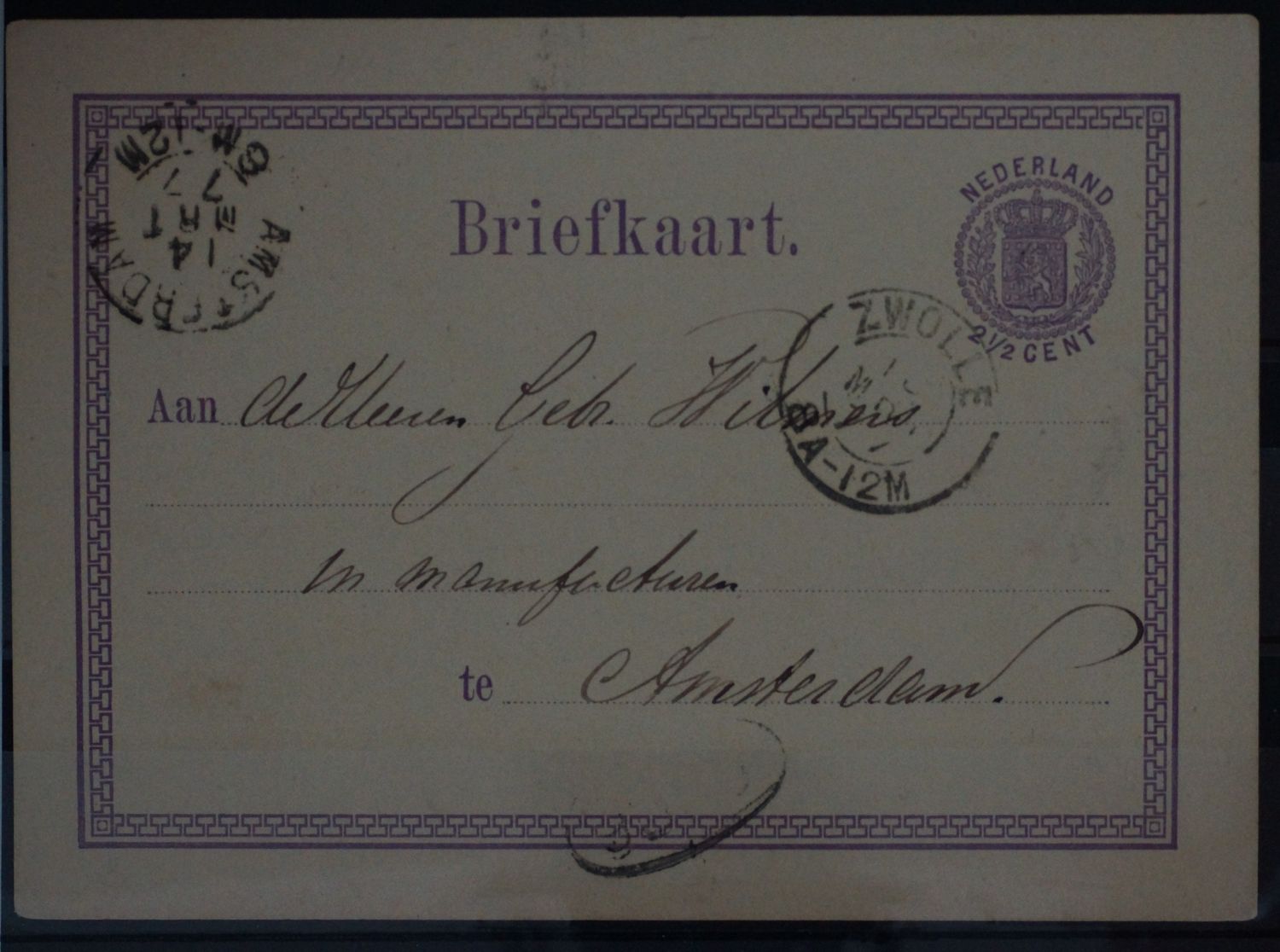 Tweeletterstempel Zwolle en Amsterdam op nette briefkaart