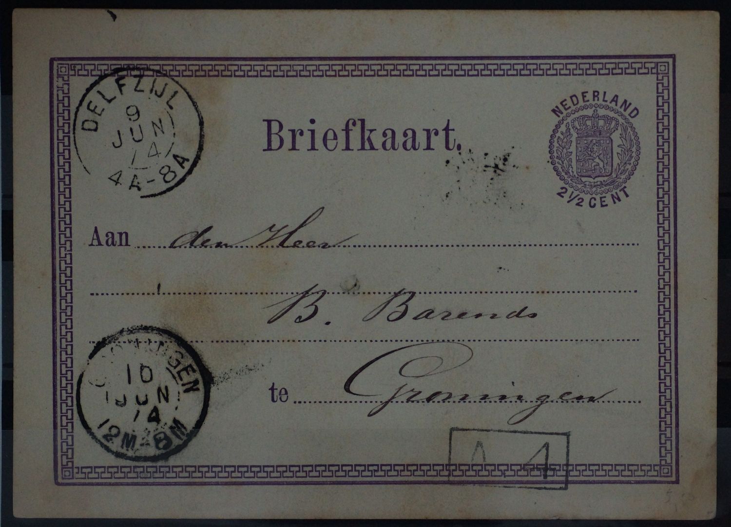 Tweeletterstempel Delfzijl en Groningen op nette briefkaart