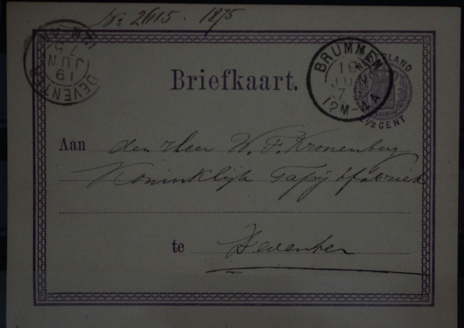 Tweeletterstempel Brummen en Deventer op nette briefkaart